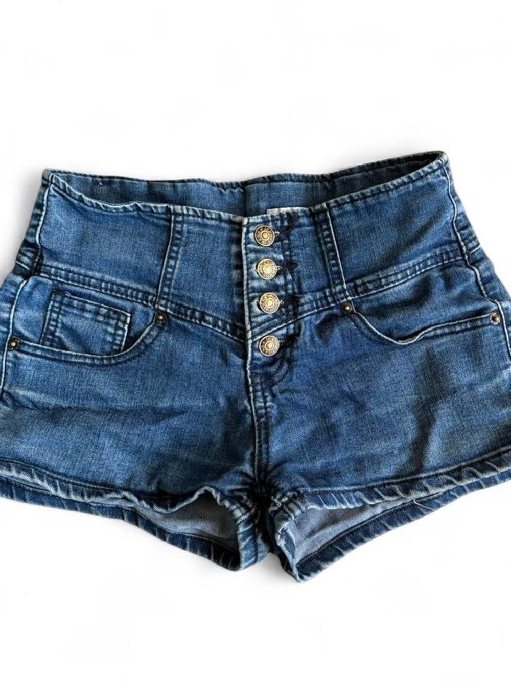 High-Waist Button Fly Denim Shorts - Indigo Blue